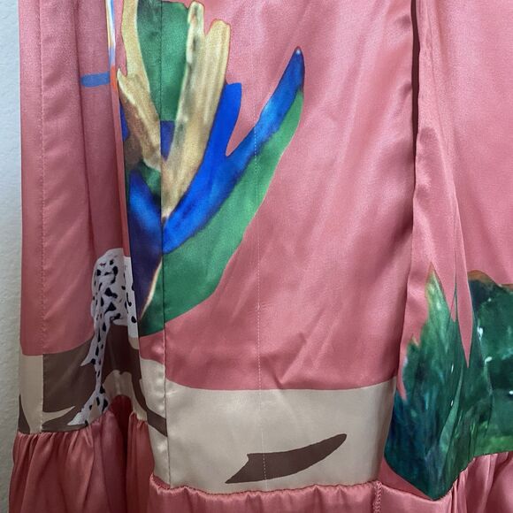 Pink Satin Button Up Maxi Ruffle Sleeve Tiered Dress M Tropical Animal Print Art - Picture 7 of 16